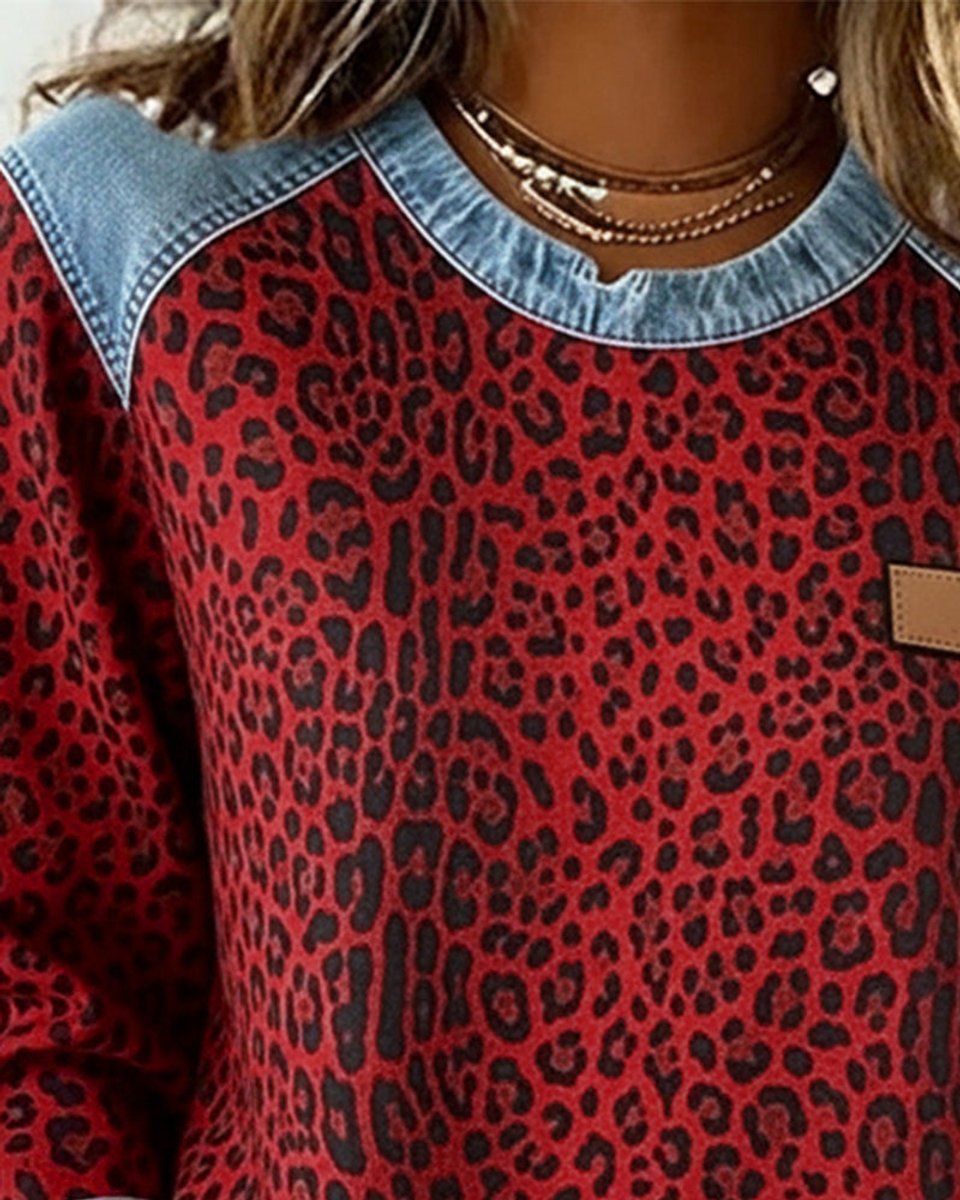 Women's Leopard Print Denim Patchwork Long Sleeve Sweater - Variant Style 8 | Lavisa