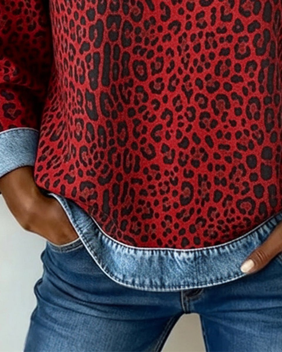 Women's Leopard Print Denim Patchwork Long Sleeve Sweater - Variant Style 9 | Lavisa