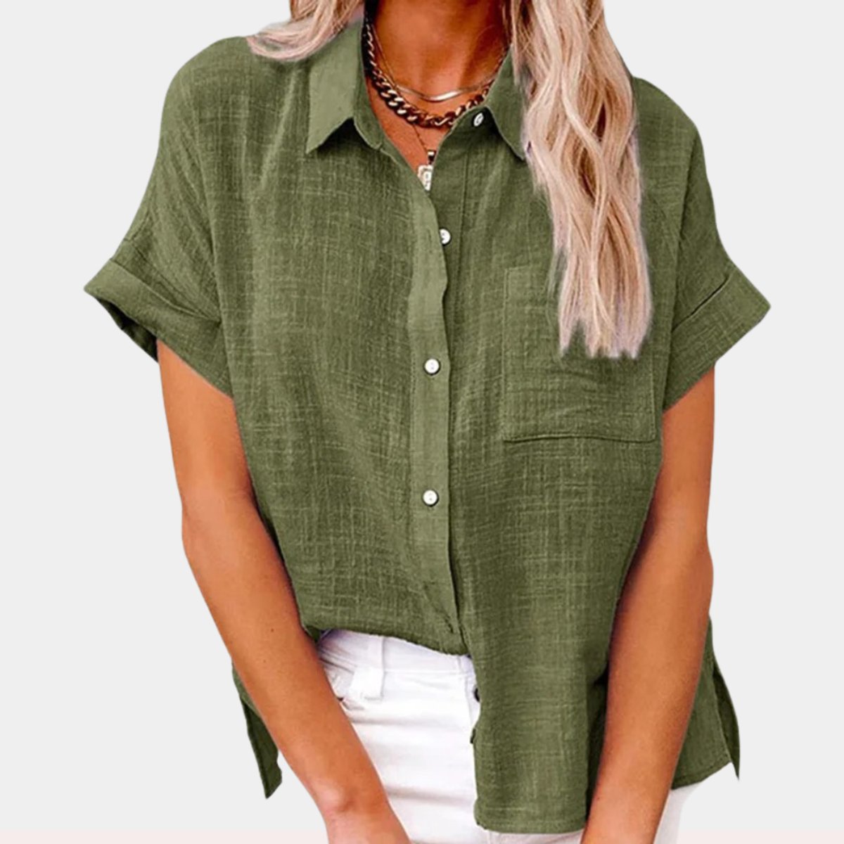 Women's Lightweight Button-Front Shirt Short Sleeve Relaxed Fit - Back View | Lavisa