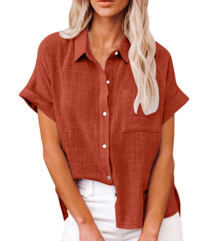Women's Lightweight Button-Front Shirt Short Sleeve Relaxed Fit - Close-Up Texture & Detail | Lavisa