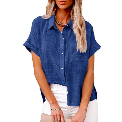 Women's Lightweight Button-Front Shirt Short Sleeve Relaxed Fit - Sole & Material View | Lavisa