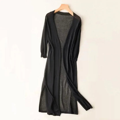 Women's Lightweight Long Open-Front V-Neck Cardigan - Variant Angle | Lavisa