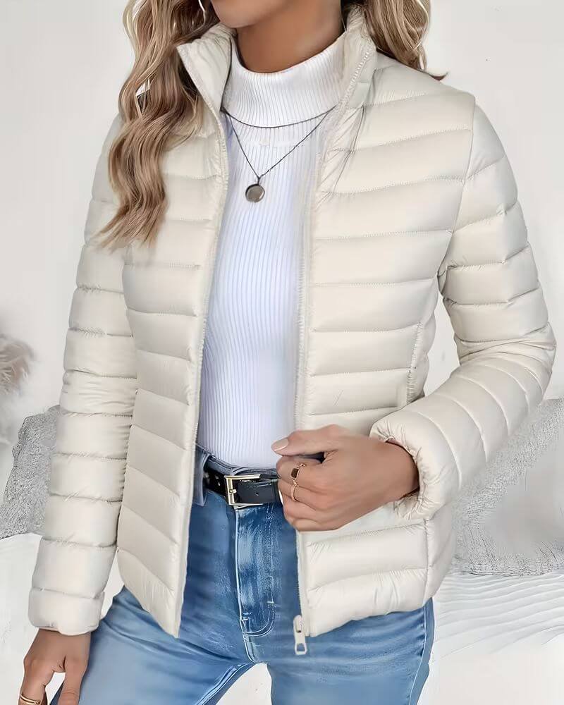 Women's Lightweight Quilted Puffer Jacket Stand Collar - Sole & Material View | Lavisa
