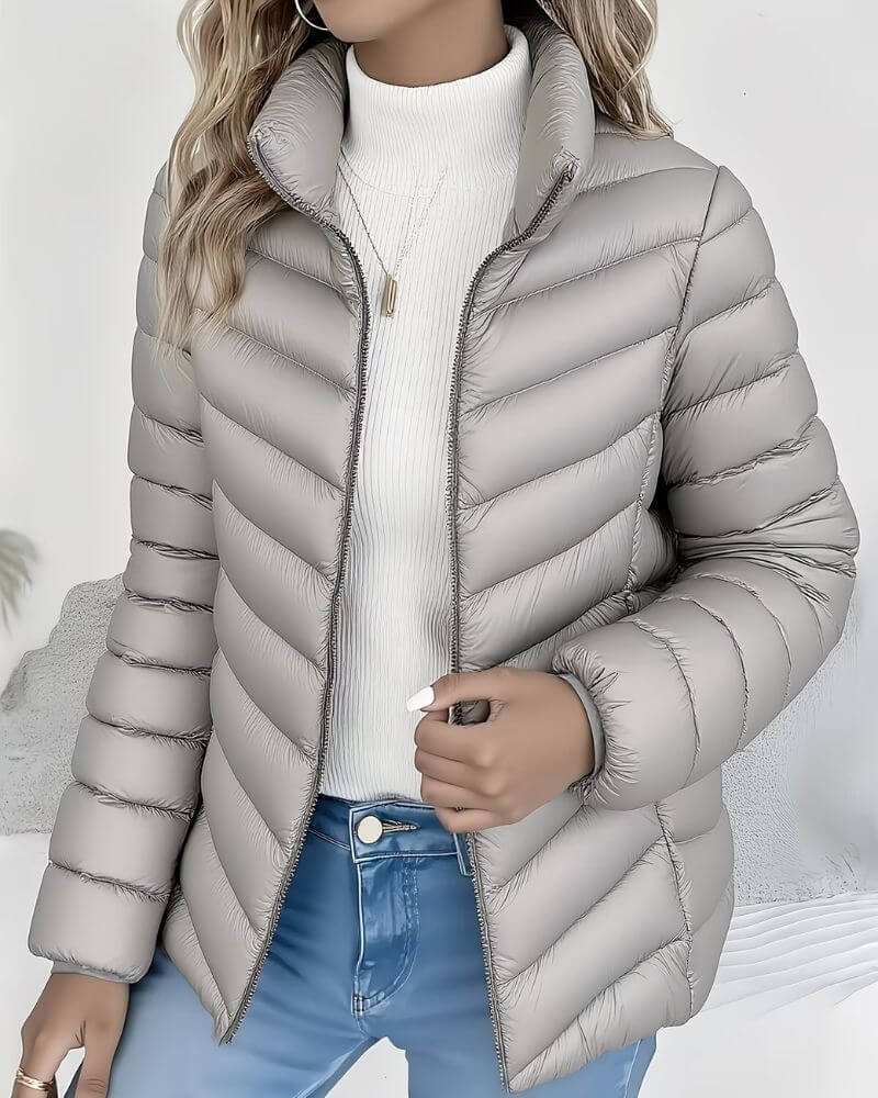 Women's Lightweight Quilted Puffer Jacket Stand Collar - Lifestyle & Model Angle | Lavisa