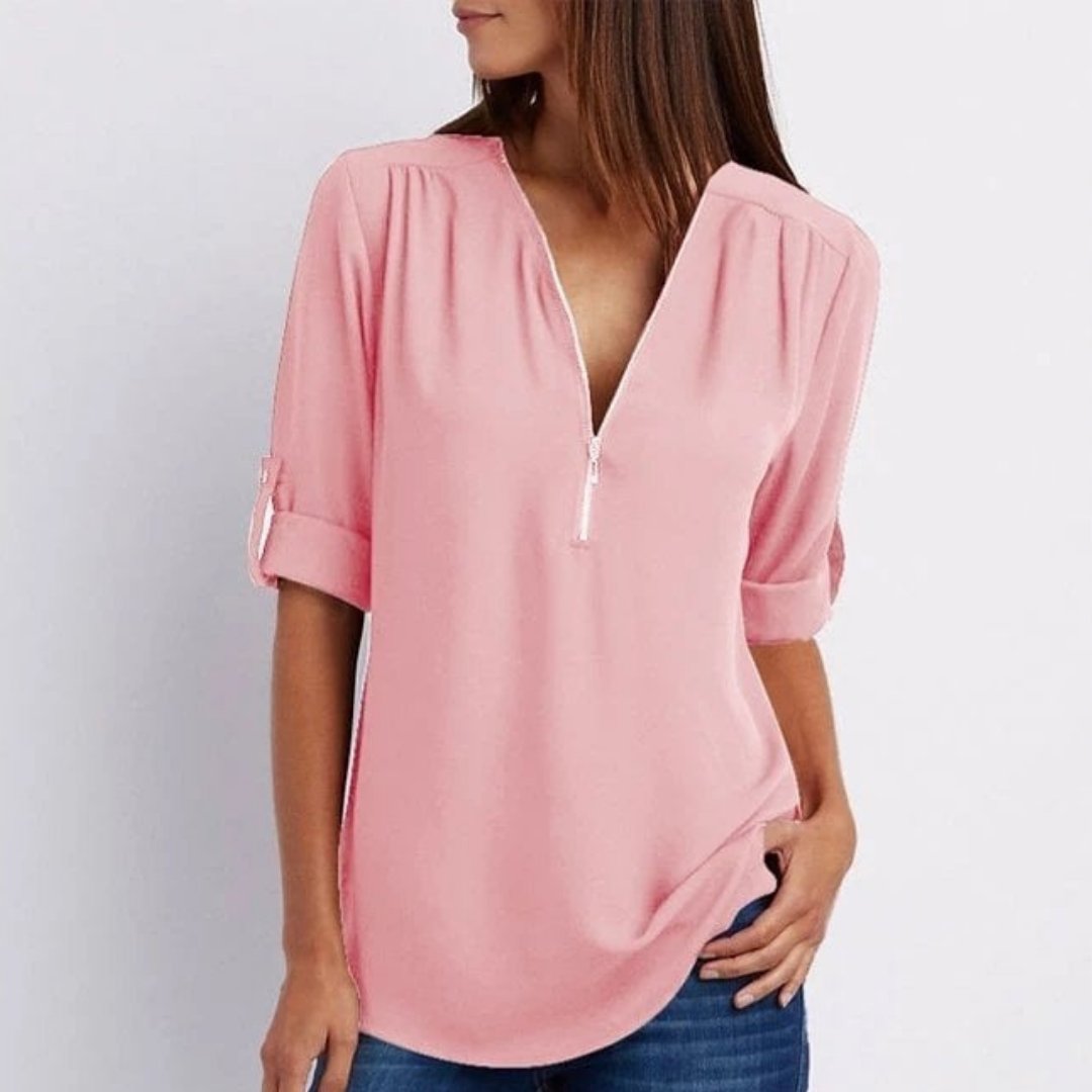 Women's Lightweight Zip-Front V-Neck Roll-Sleeve Blouse - Front View | Lavisa