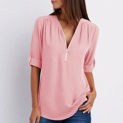 Women's Lightweight Zip-Front V-Neck Roll-Sleeve Blouse - Front View | Lavisa