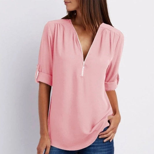 Lavisa - Women's Lightweight Zip-Front V-Neck Roll-Sleeve Blouse