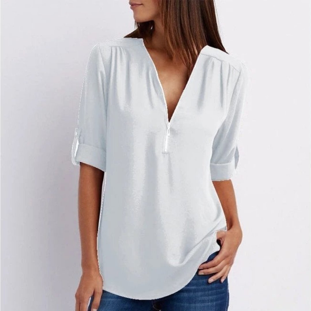 Women's Lightweight Zip-Front V-Neck Roll-Sleeve Blouse - Side Angle | Lavisa