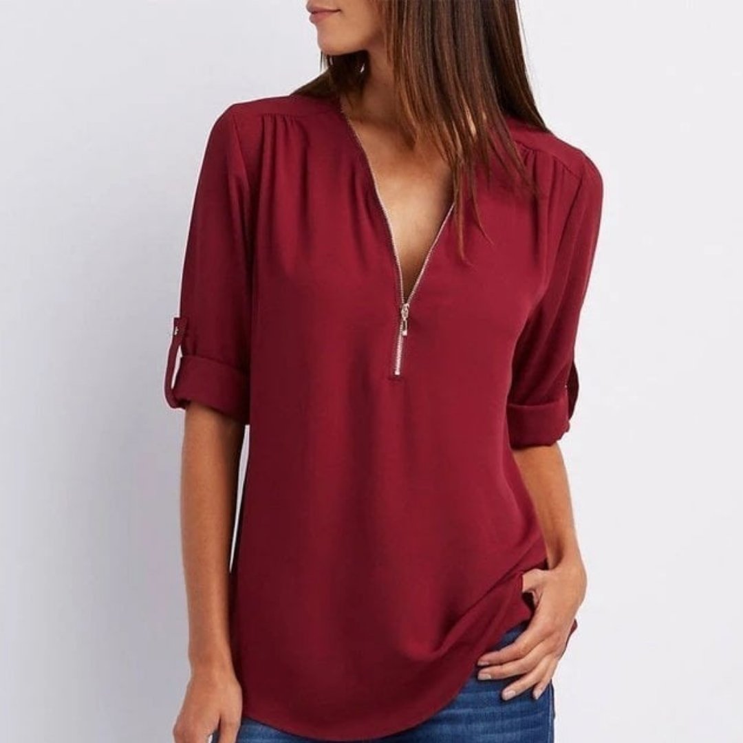 Women's Lightweight Zip-Front V-Neck Roll-Sleeve Blouse - Back View | Lavisa