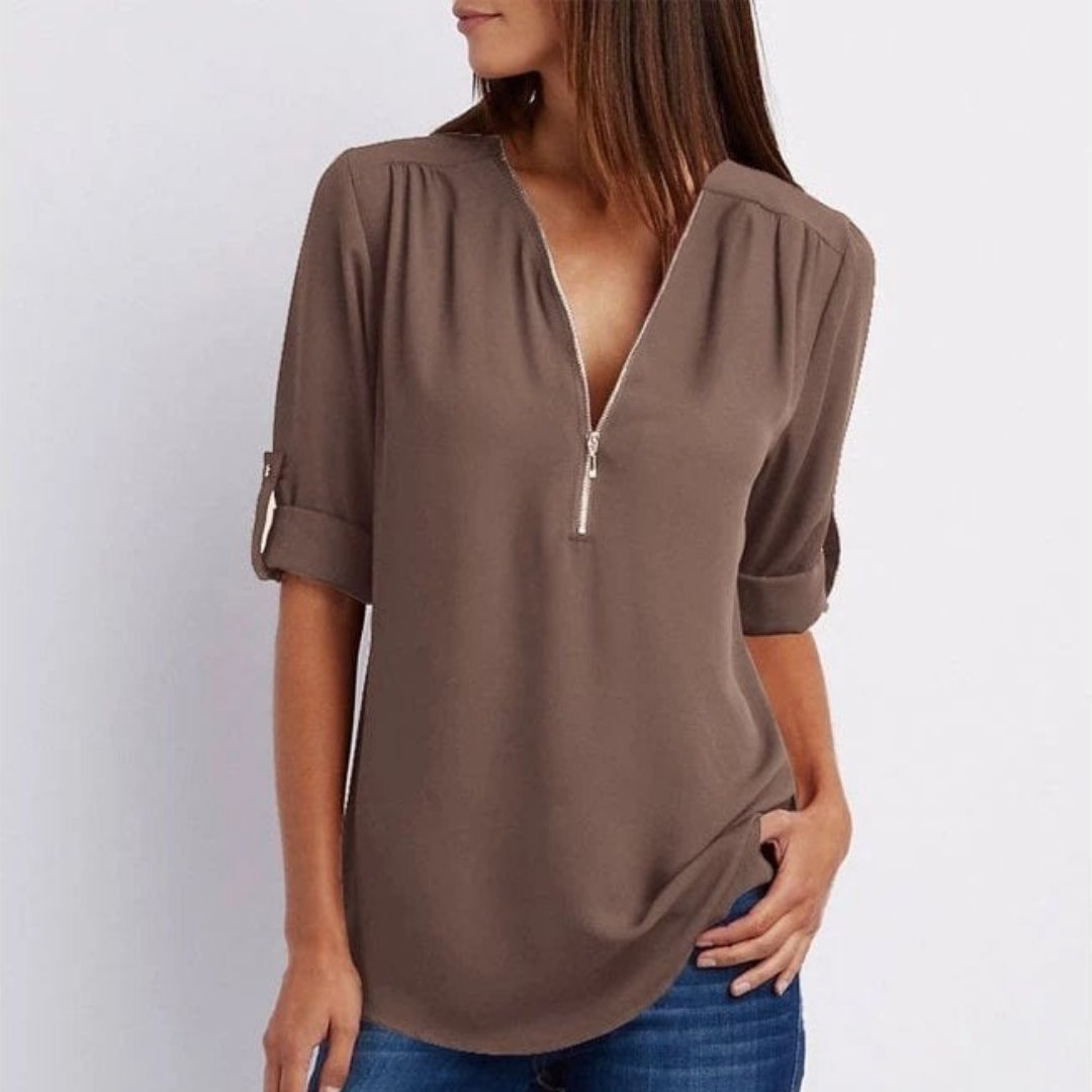 Women's Lightweight Zip-Front V-Neck Roll-Sleeve Blouse - Close-Up Texture & Detail | Lavisa