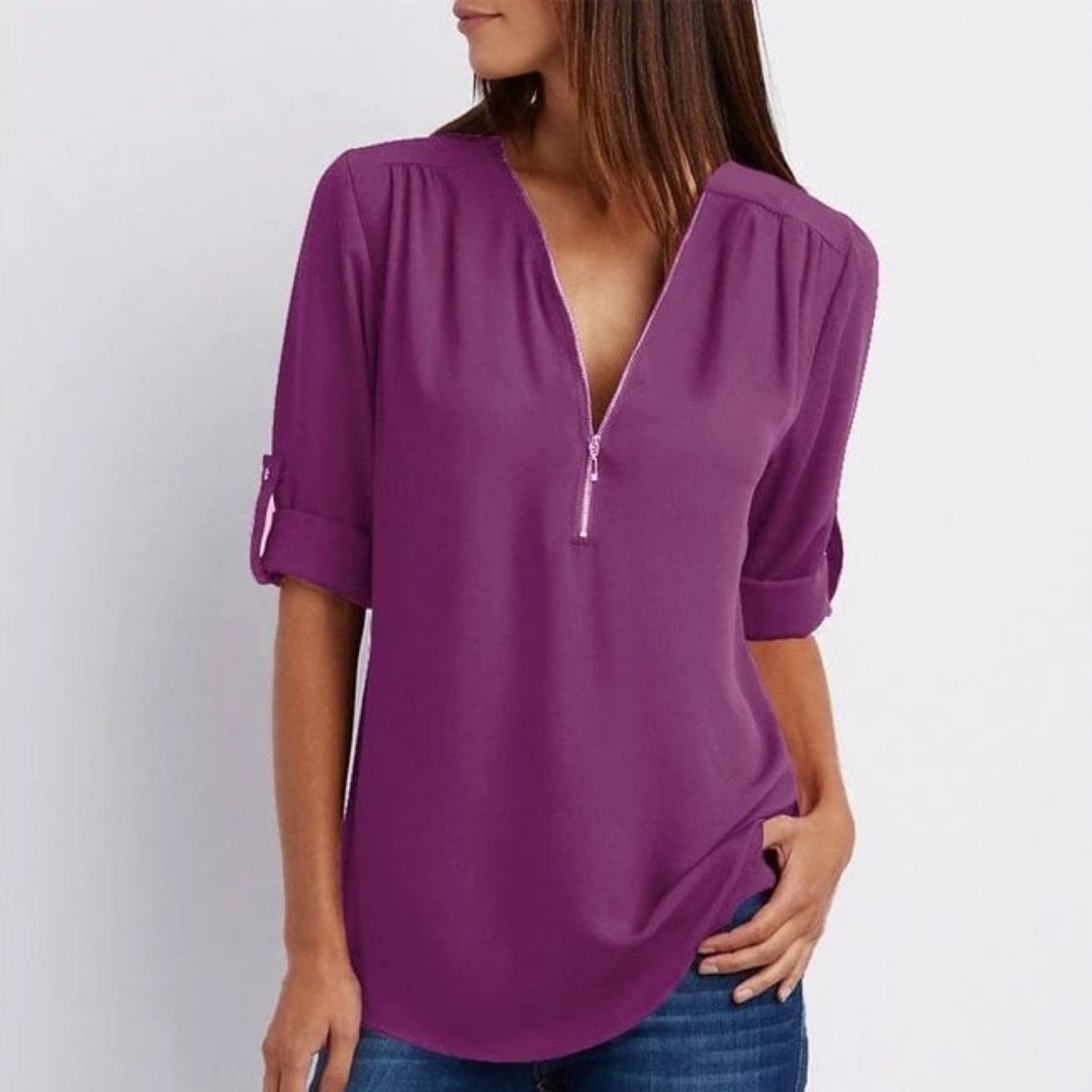 Women's Lightweight Zip-Front V-Neck Roll-Sleeve Blouse - Sole & Material View | Lavisa