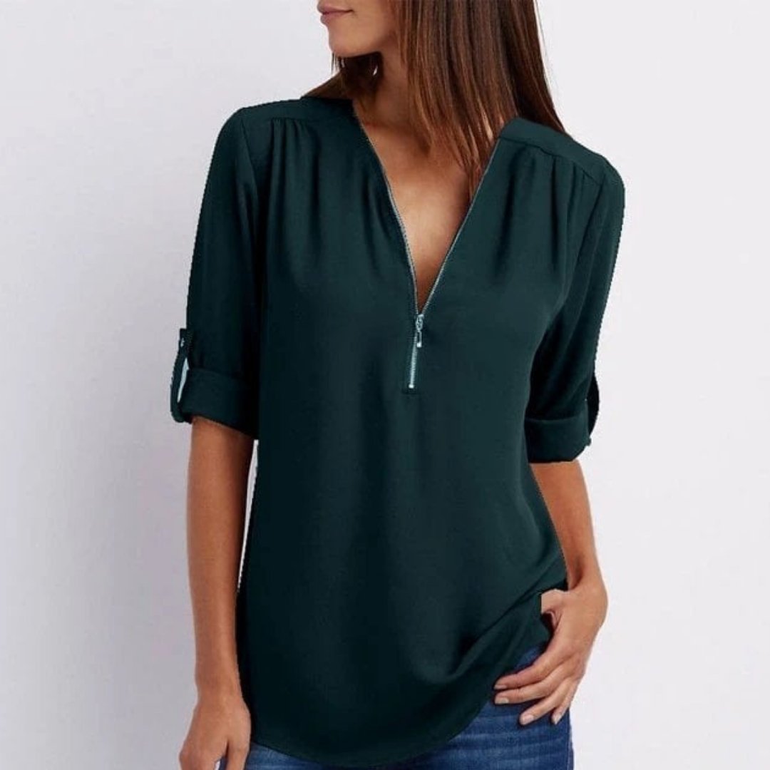 Women's Lightweight Zip-Front V-Neck Roll-Sleeve Blouse - Lifestyle & Model Angle | Lavisa