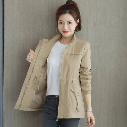 Women's Lightweight Zip-Up Drawstring Transitional Bomber Jacket - Front View | Lavisa