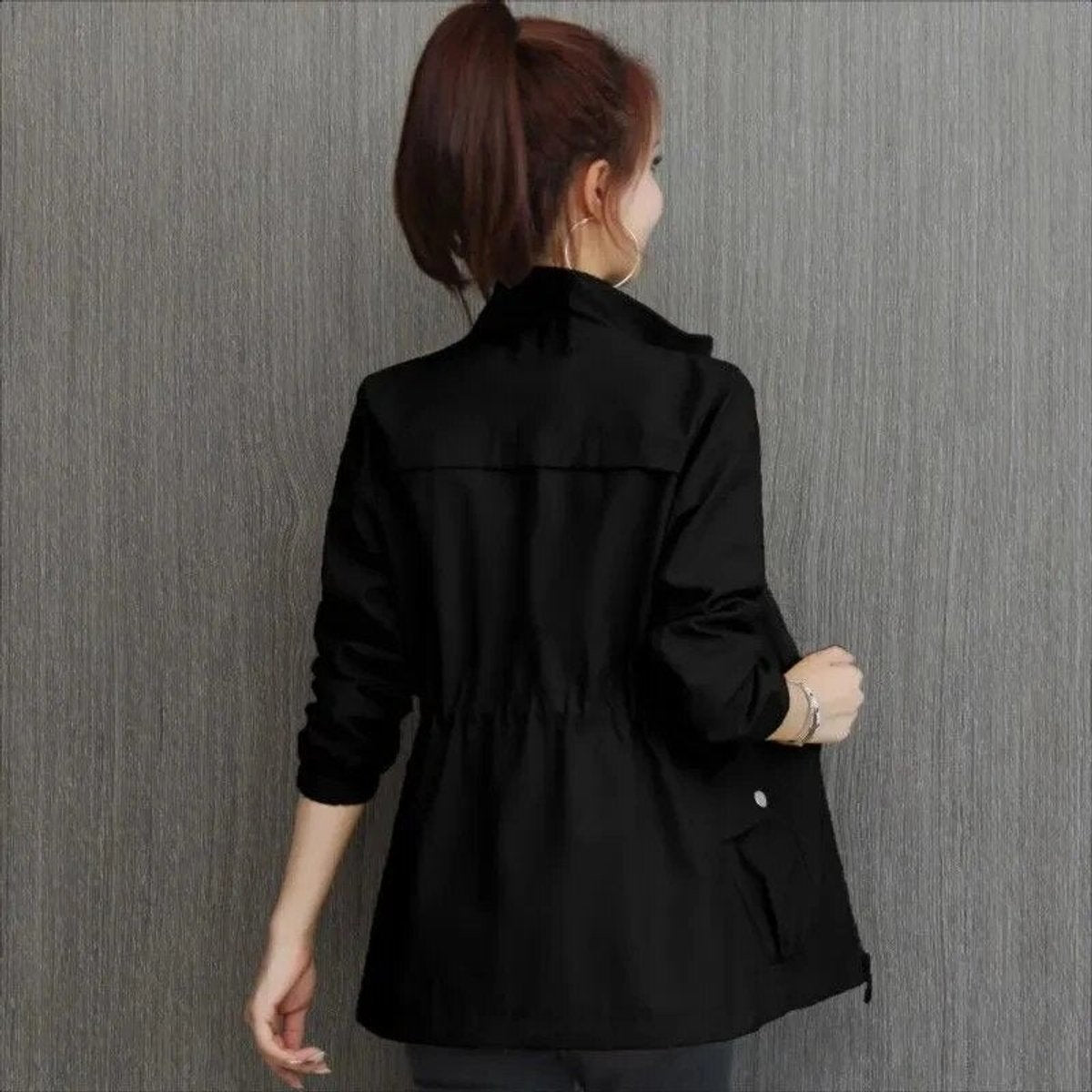 Women's Lightweight Zip-Up Drawstring Transitional Bomber Jacket - Side Angle | Lavisa