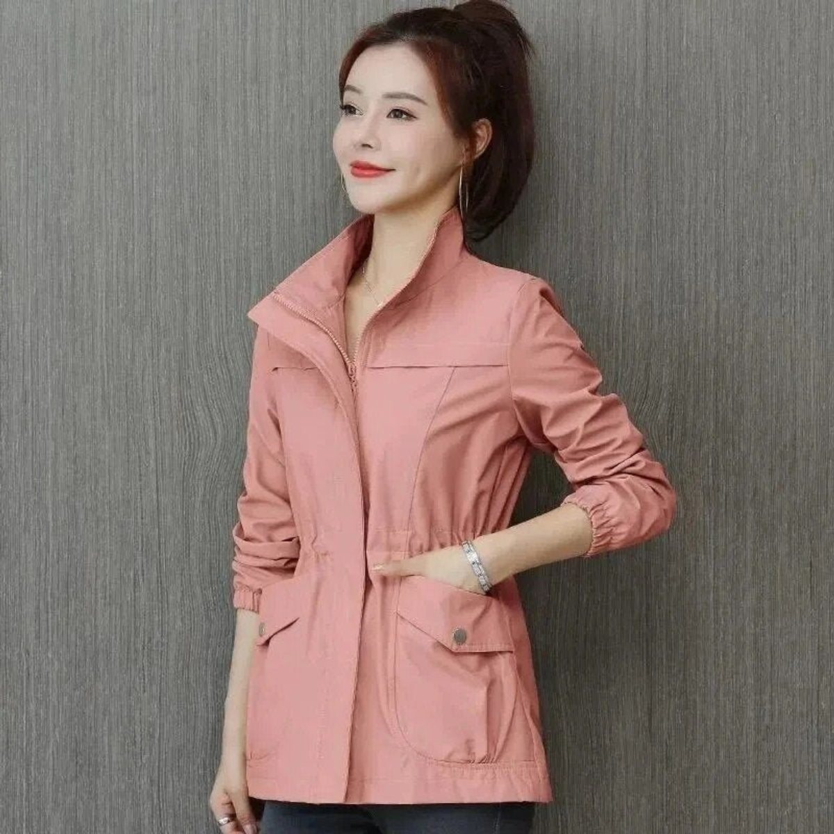 Women's Lightweight Zip-Up Drawstring Transitional Bomber Jacket - Sole & Material View | Lavisa