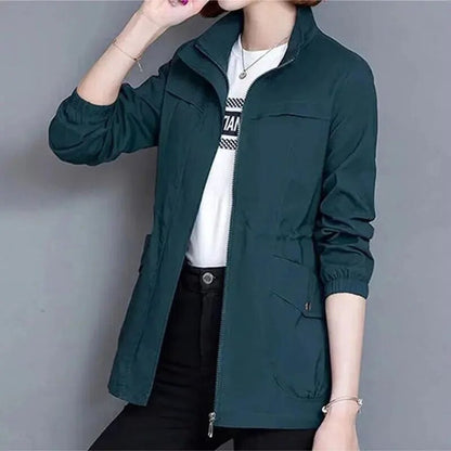 Women's Lightweight Zip-Up Drawstring Transitional Bomber Jacket - Lifestyle & Model Angle | Lavisa
