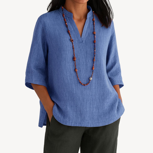 Lavisa - Women's Linen 3/4 Sleeve V-Neck Tunic Blouse