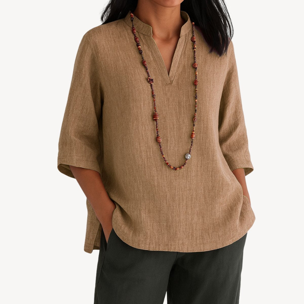 Women's Linen 3/4 Sleeve V-Neck Tunic Blouse - Side Angle | Lavisa