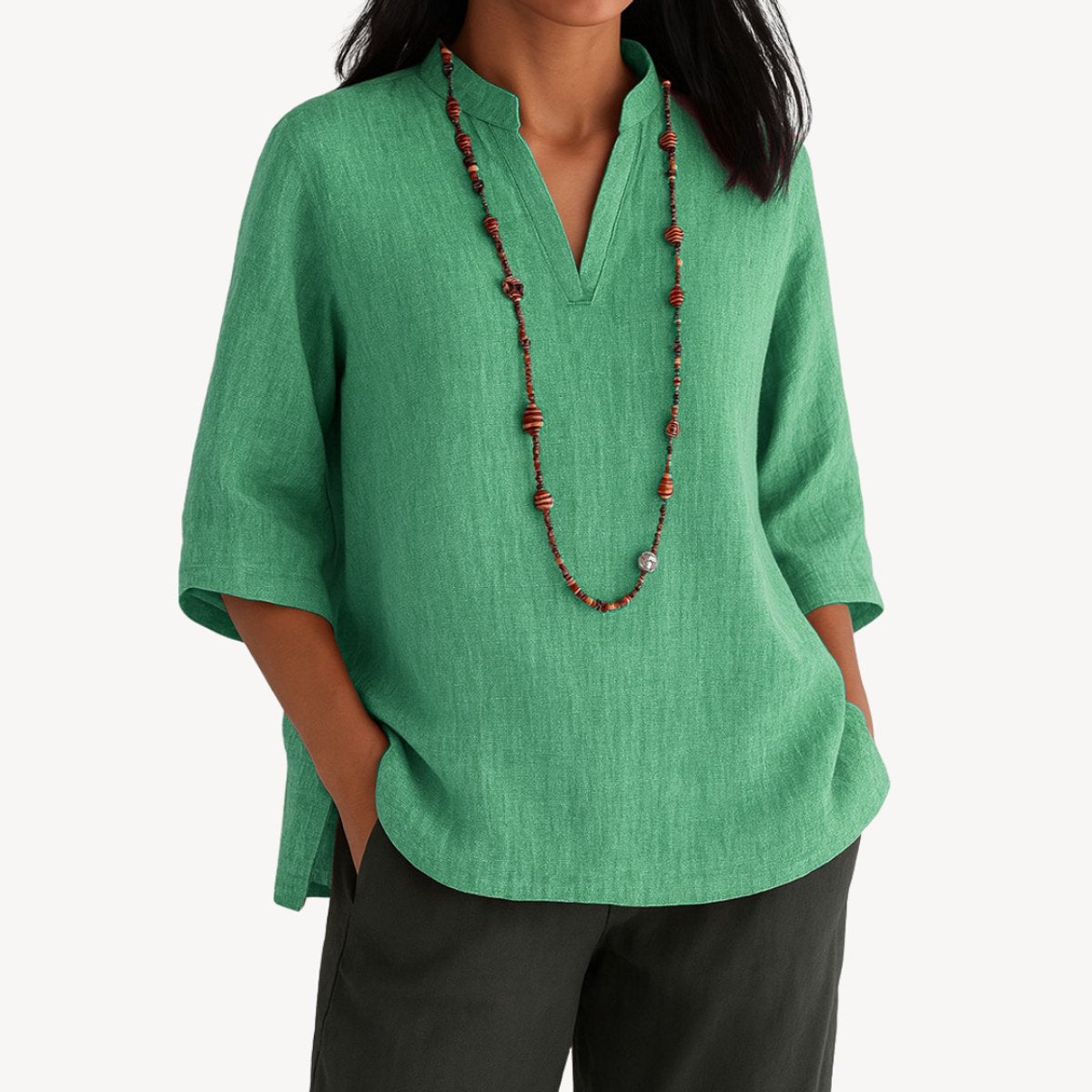 Women's Linen 3/4 Sleeve V-Neck Tunic Blouse - Back View | Lavisa