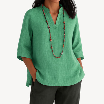 Women's Linen 3/4 Sleeve V-Neck Tunic Blouse - Back View | Lavisa