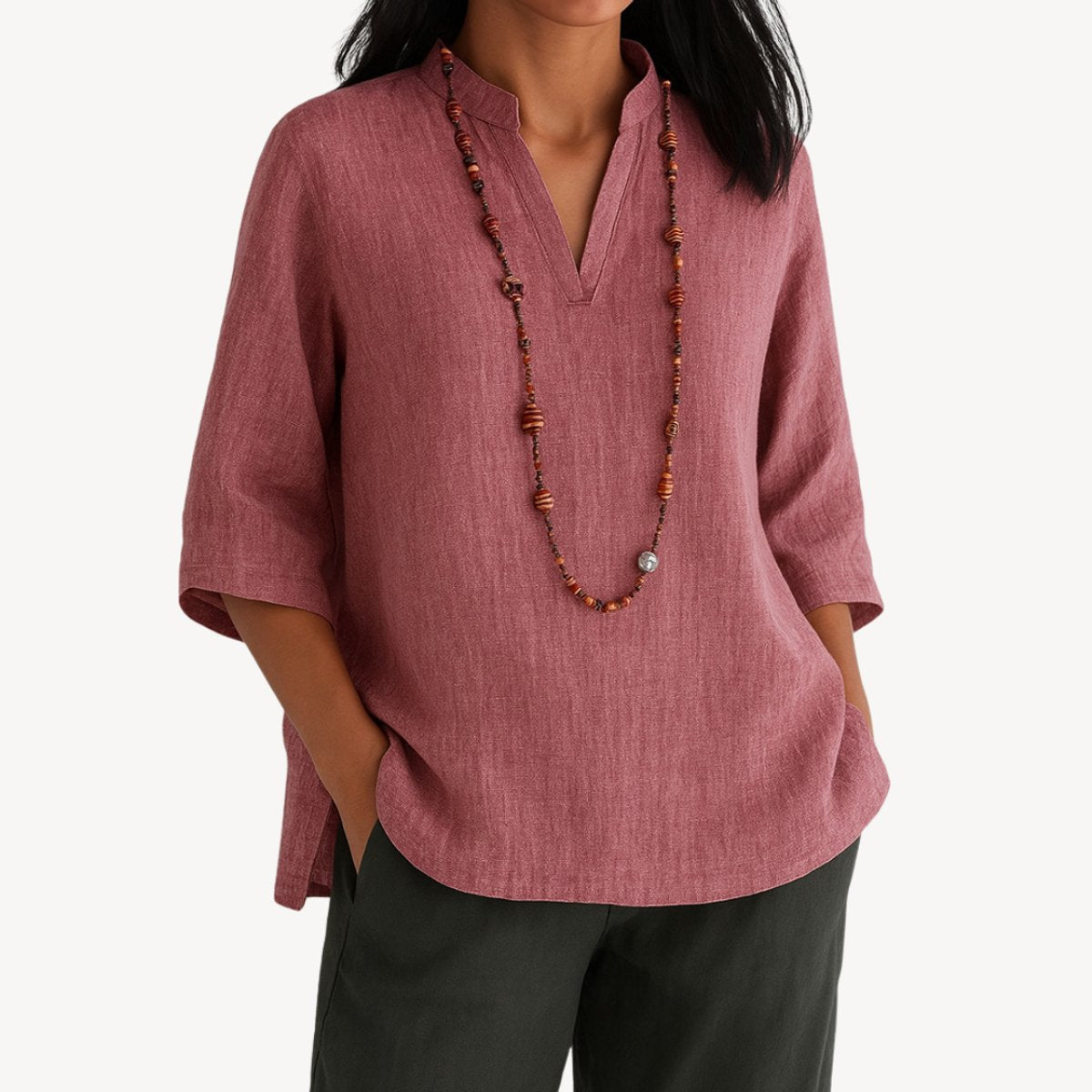 Women's Linen 3/4 Sleeve V-Neck Tunic Blouse - Close-Up Texture & Detail | Lavisa