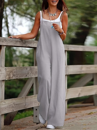 Women's Linen Wide Leg Pants Dungaree Sleeveless Jumpsuit - Sole & Material View | Lavisa