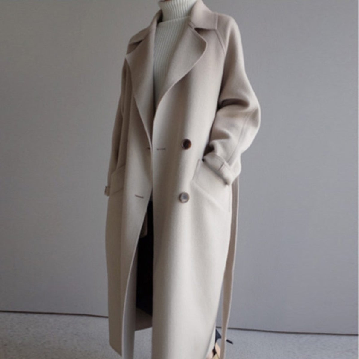 Women's Double-Breasted Longline Trench Coat - Front View | Lavisa