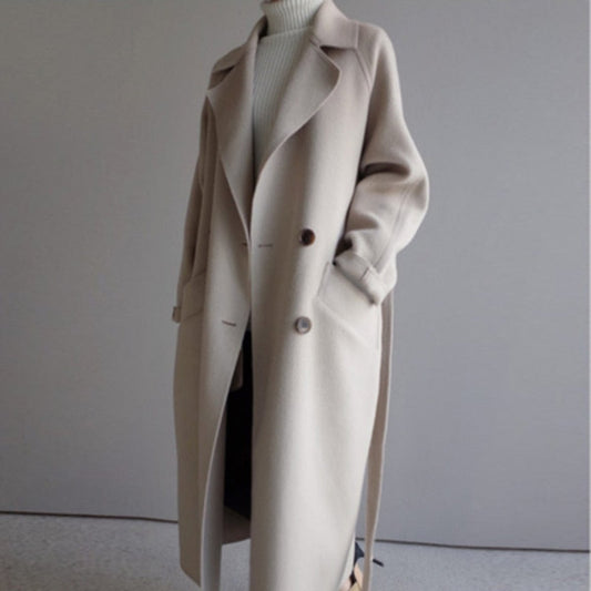 Women's Double-Breasted Longline Trench Coat - Front View | Lavisa