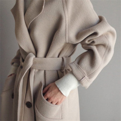 Women's Double-Breasted Longline Trench Coat - Side Angle | Lavisa