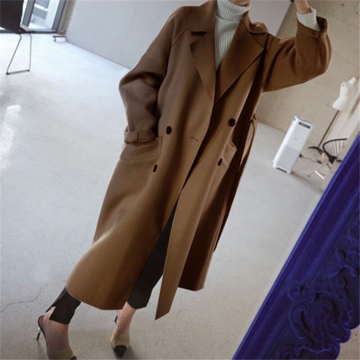 Women's Double-Breasted Longline Trench Coat - Back View | Lavisa