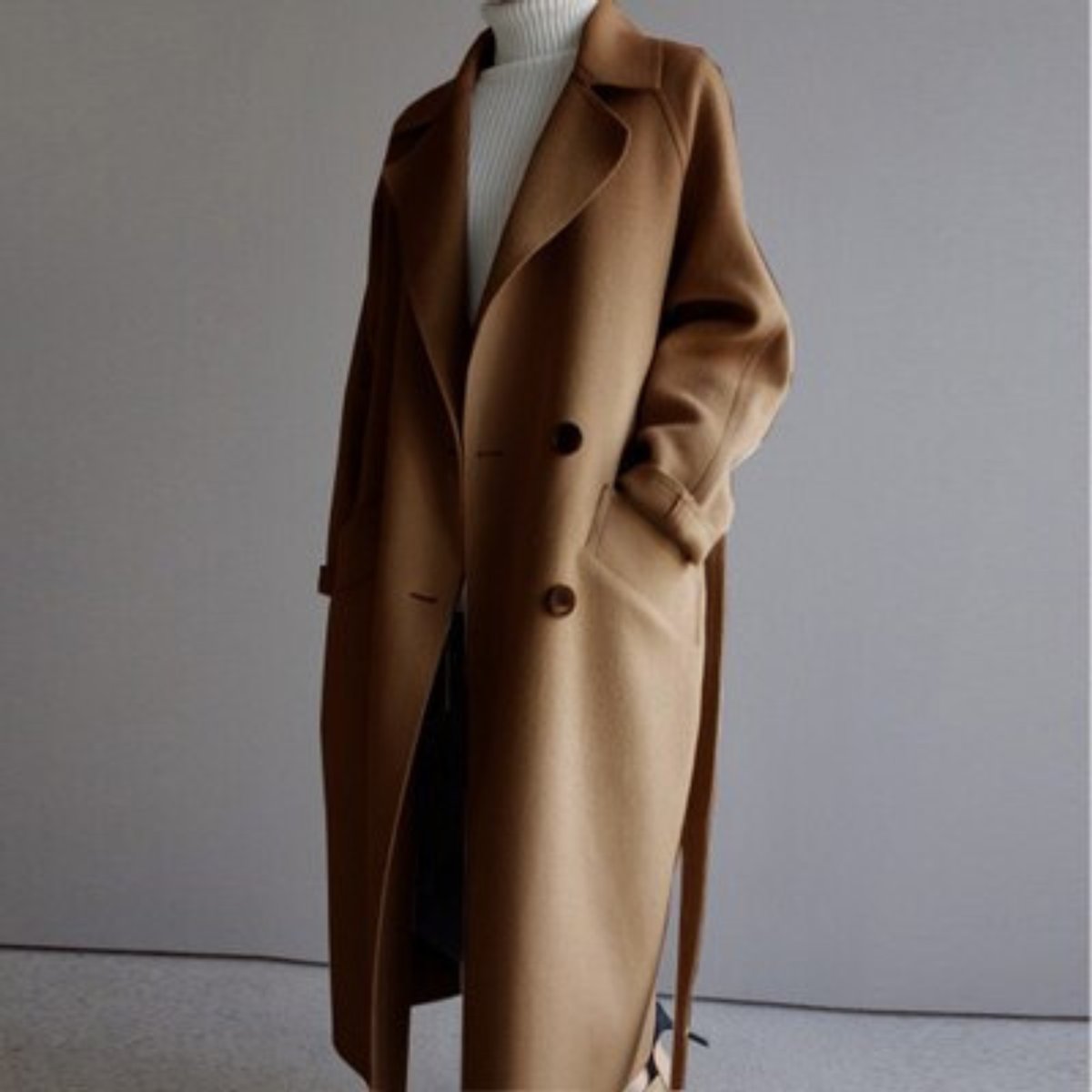 Women's Double-Breasted Longline Trench Coat - Sole & Material View | Lavisa
