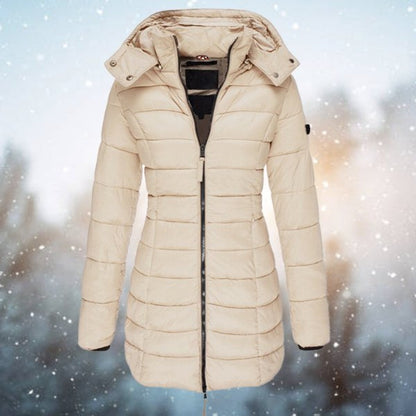 Womens Longline Hooded Puffer Coat - Close-Up Texture & Detail | Lavisa