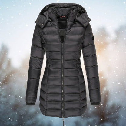 Womens Longline Hooded Puffer Coat - Lifestyle & Model Angle | Lavisa