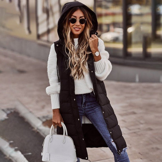 Lavisa - Long Hooded Quilted Sleeveless Puffer Vest