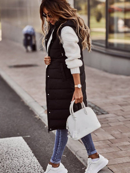 Long Hooded Quilted Sleeveless Puffer Vest - Side Angle | Lavisa