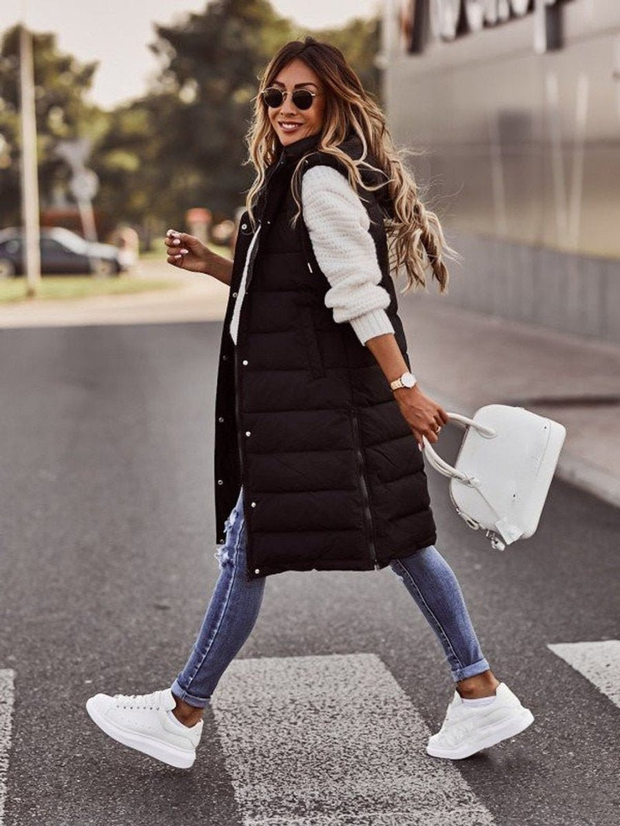 Long Hooded Quilted Sleeveless Puffer Vest - Back View | Lavisa