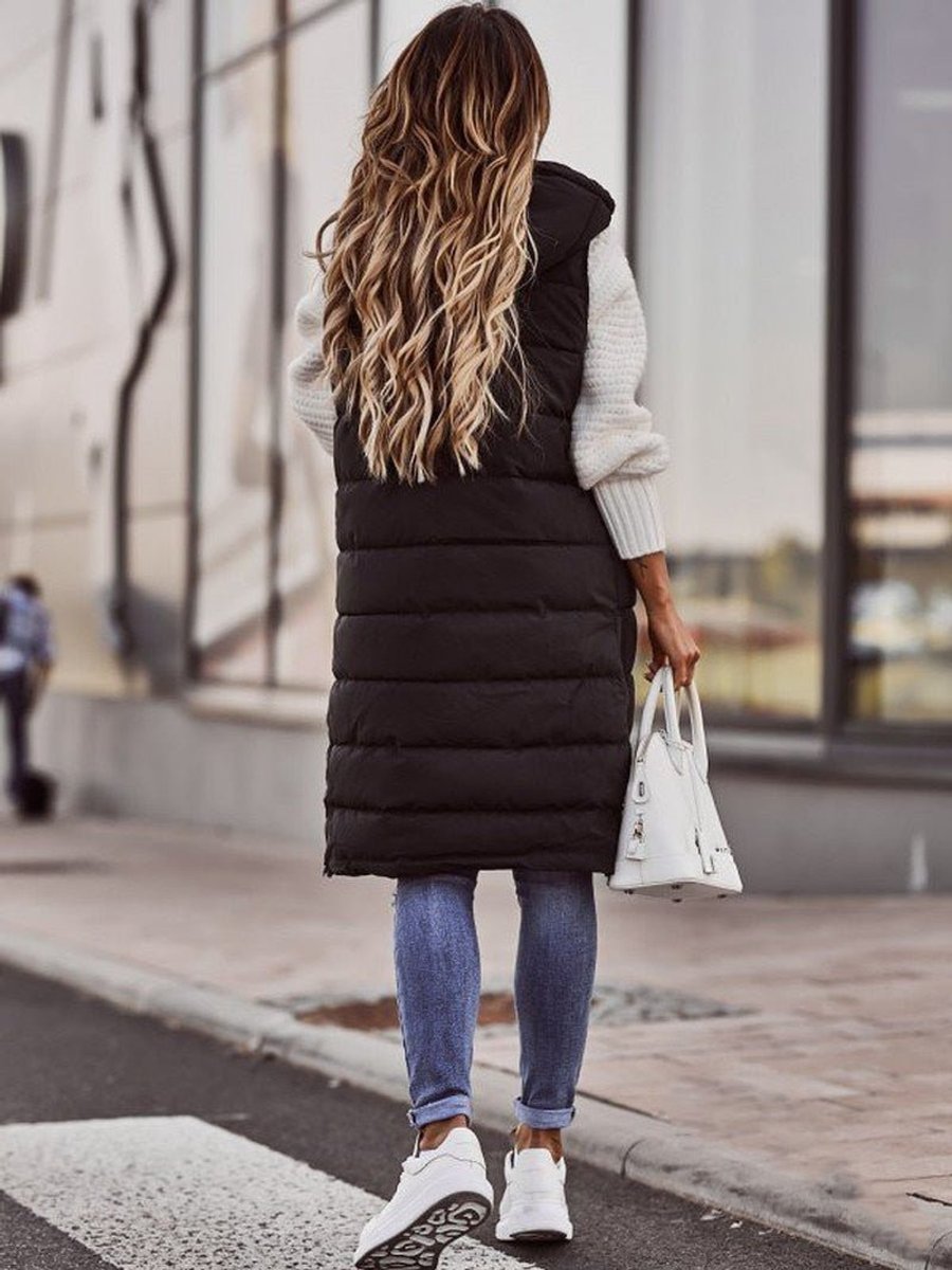 Long Hooded Quilted Sleeveless Puffer Vest - Close-Up Texture & Detail | Lavisa
