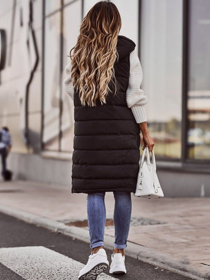 Long Hooded Quilted Sleeveless Puffer Vest - Close-Up Texture & Detail | Lavisa