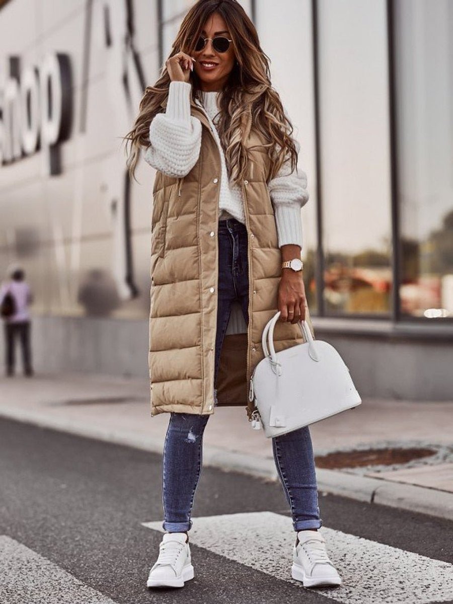 Long Hooded Quilted Sleeveless Puffer Vest - Sole & Material View | Lavisa