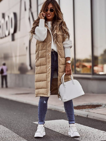 Long Hooded Quilted Sleeveless Puffer Vest - Sole & Material View | Lavisa