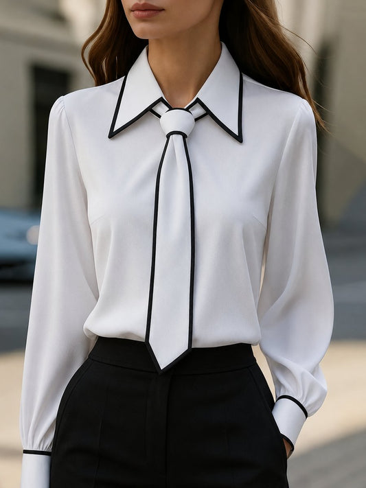 Lavisa - Women's Long Sleeve Contrast Trim Tie Neck Blouse