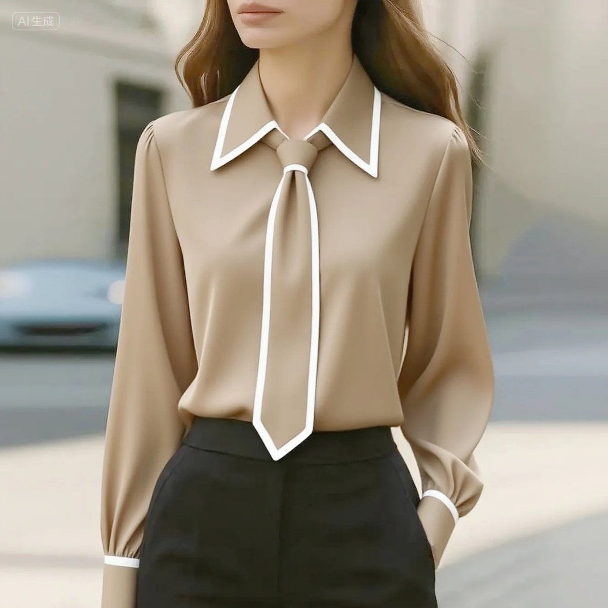 Women's Long Sleeve Contrast Trim Tie Neck Blouse - Side Angle | Lavisa