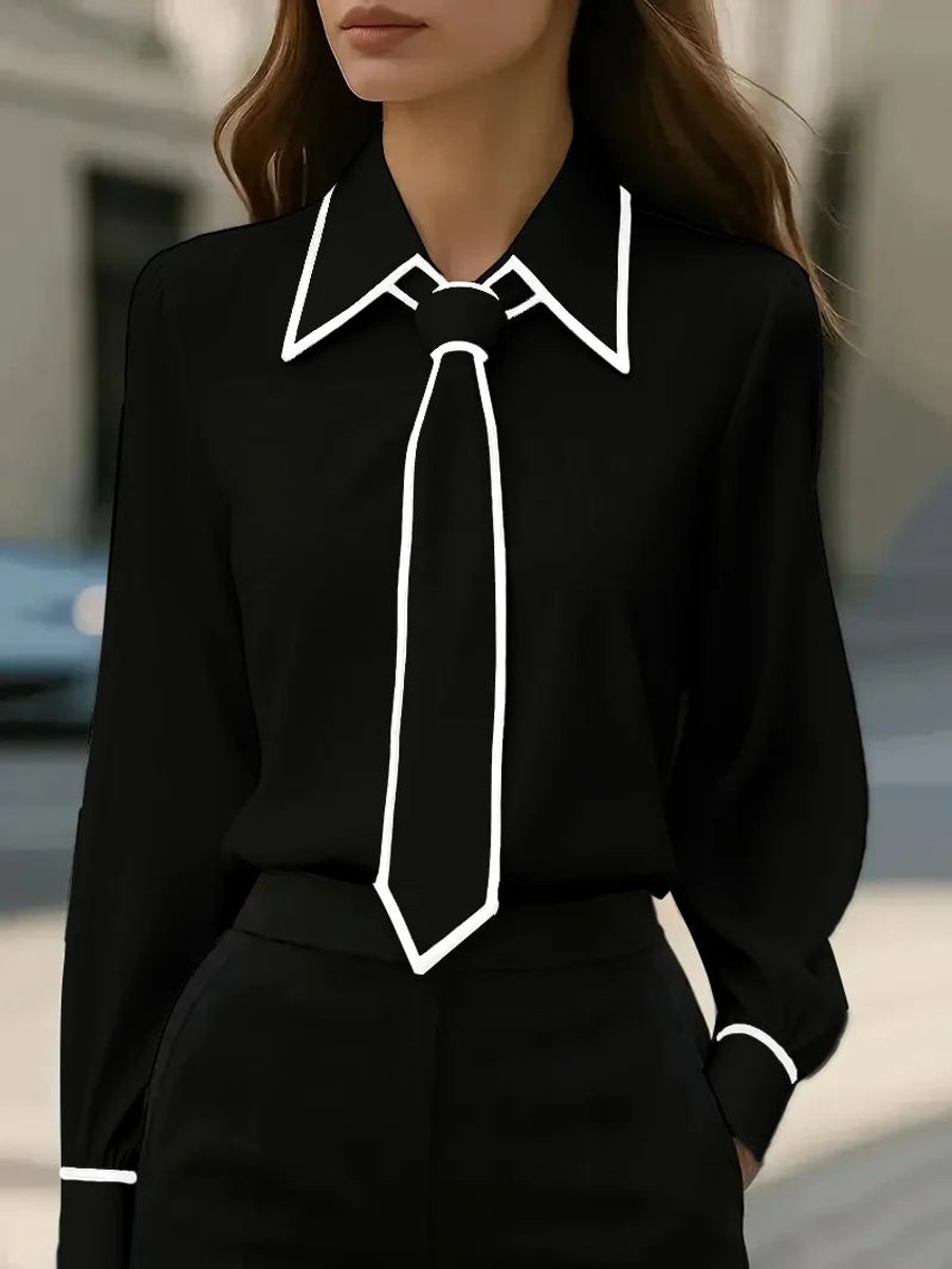 Women's Long Sleeve Contrast Trim Tie Neck Blouse - Back View | Lavisa