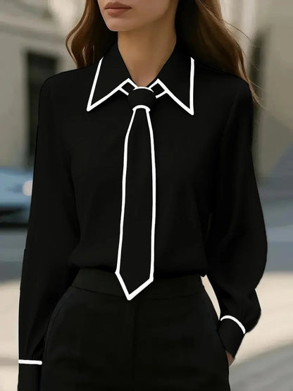Women's Long Sleeve Contrast Trim Tie Neck Blouse - Back View | Lavisa