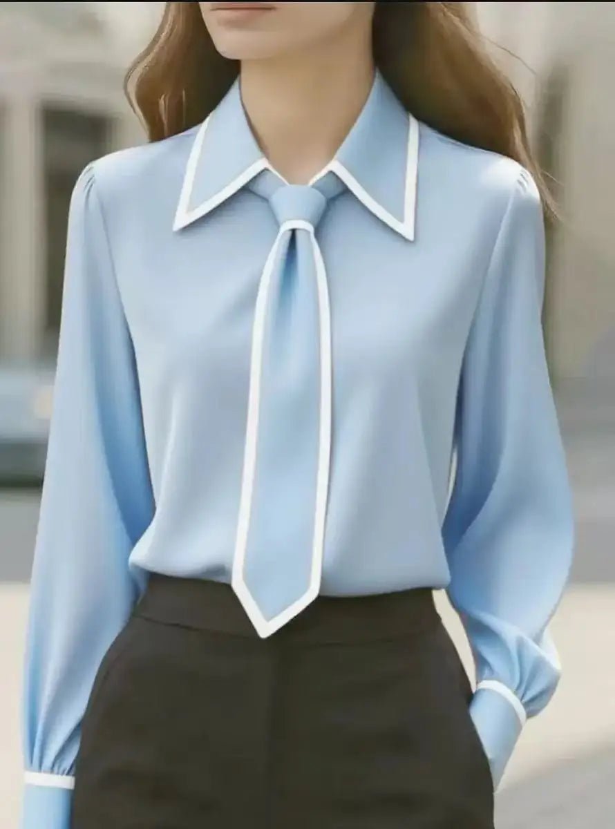 Women's Long Sleeve Contrast Trim Tie Neck Blouse - Close-Up Texture & Detail | Lavisa
