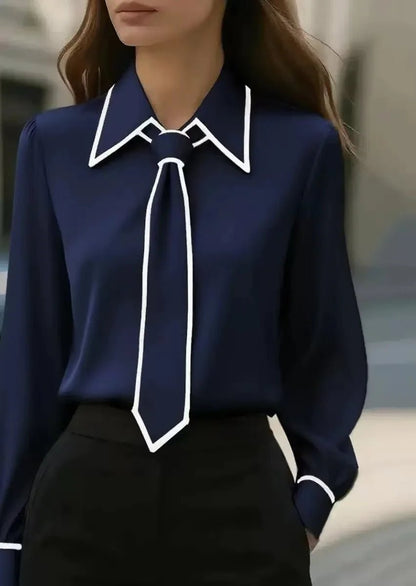 Women's Long Sleeve Contrast Trim Tie Neck Blouse - Sole & Material View | Lavisa