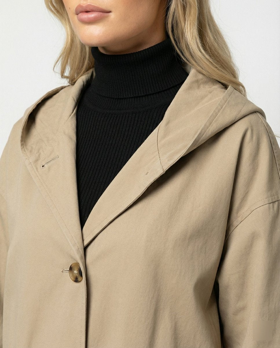 Women's Long Waterproof Windproof Hooded Trench Coat - Side Angle | Lavisa