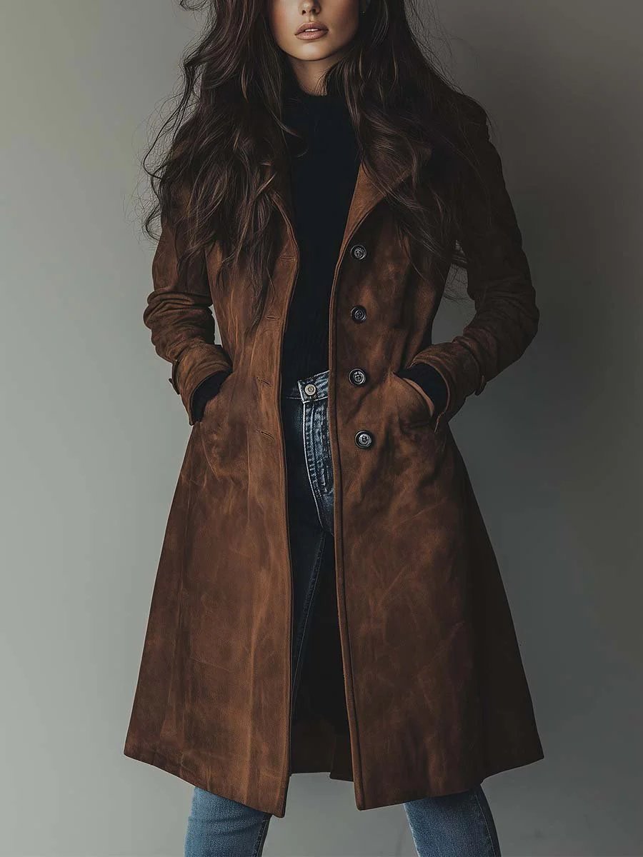 Women's Longline Double-Breasted Tailored Trench Coat - Side Angle | Lavisa