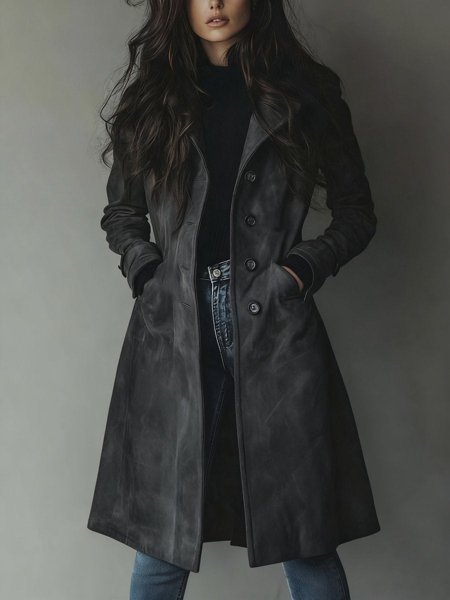 Women's Longline Double-Breasted Tailored Trench Coat - Close-Up Texture & Detail | Lavisa