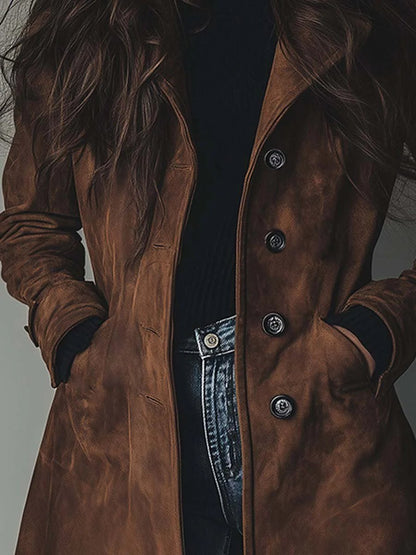 Women's Longline Double-Breasted Tailored Trench Coat - Sole & Material View | Lavisa